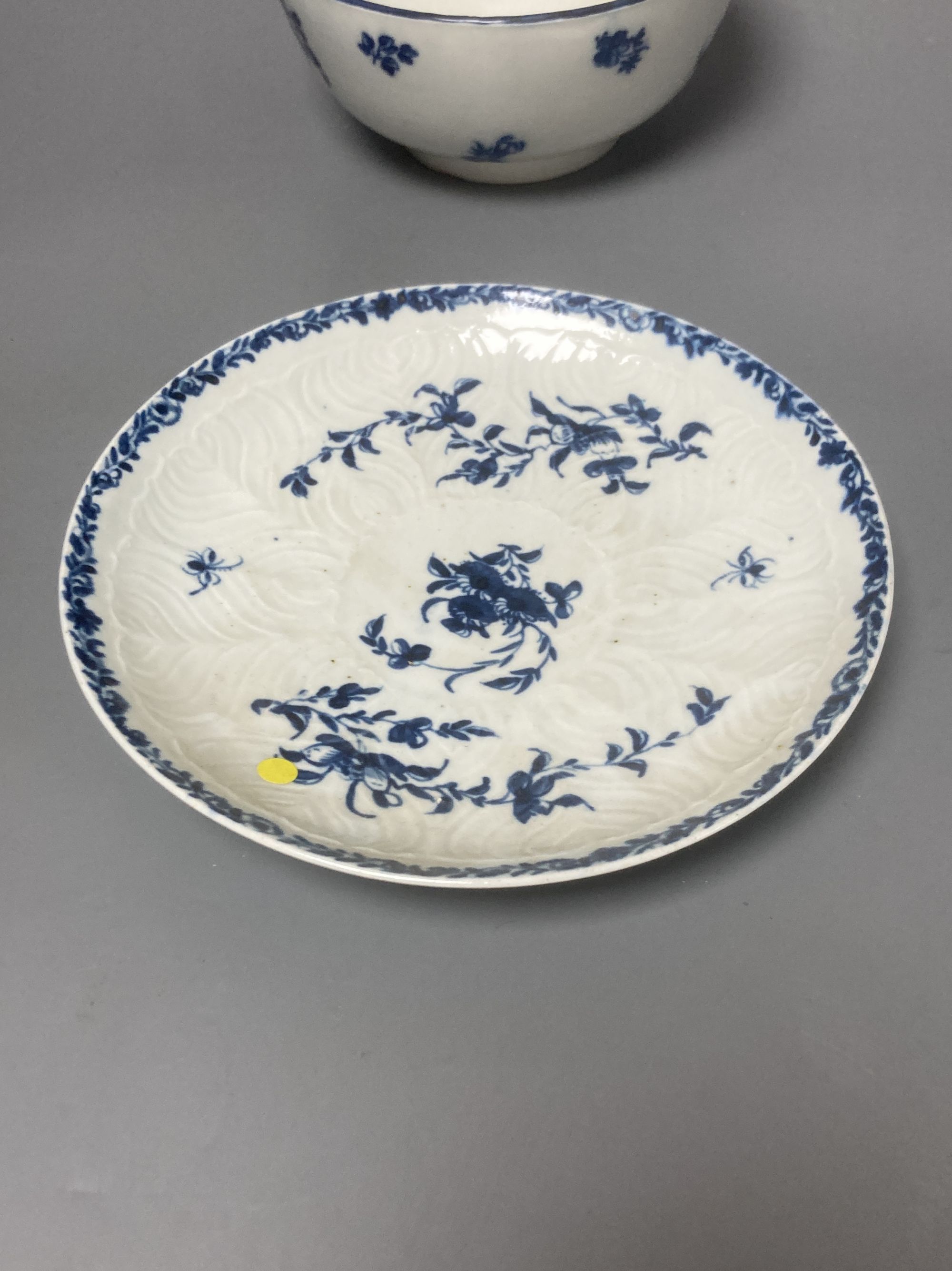 A group of Worcester blue and white ceramics, a Japan pattern cup and a Samson blue and white saucer, tallest 8cm